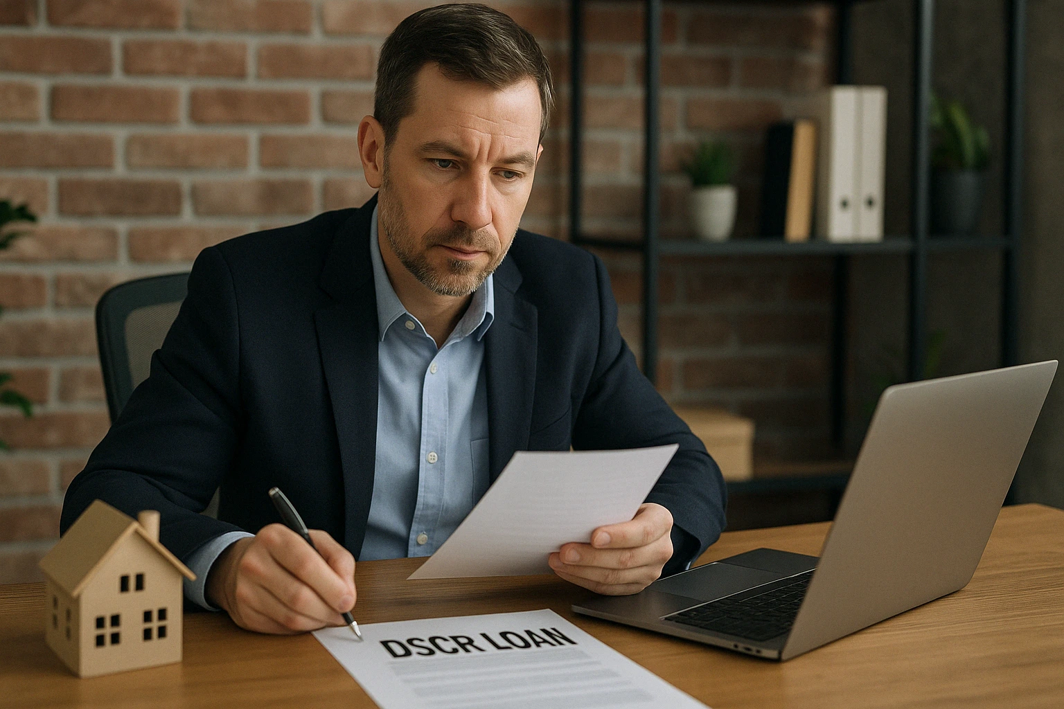 Investor analyzing DSCR loan terms for rental property on laptop