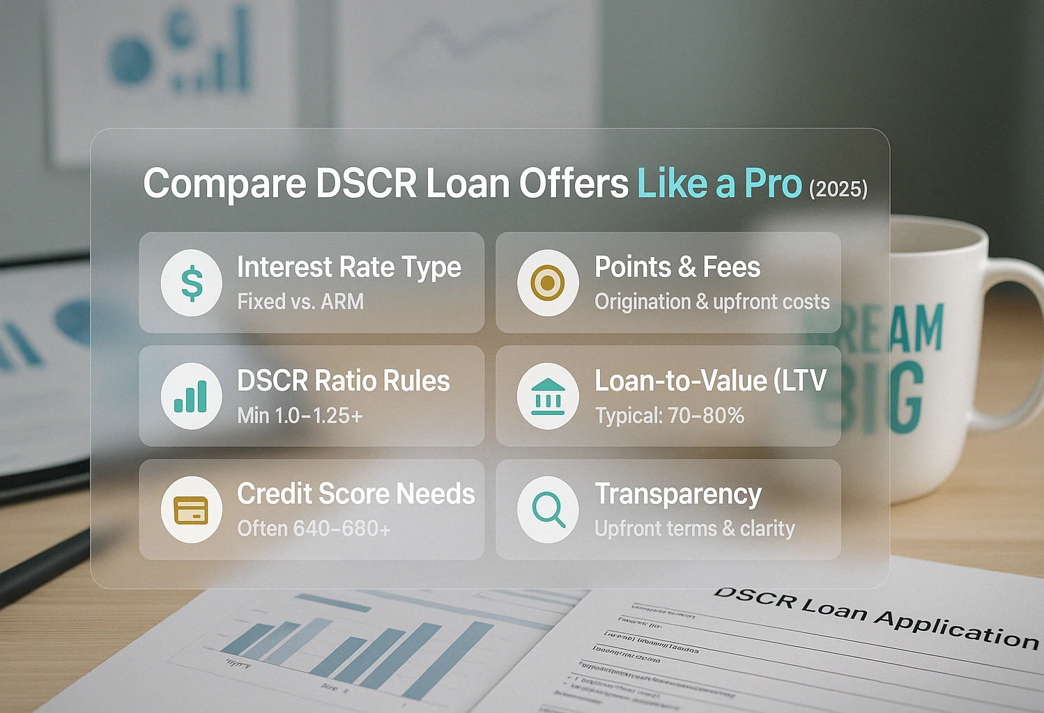 Visual checklist showing how to compare DSCR loan offers in 2025, including rate type, fees, credit score, LTV, transparency, and DSCR rules.