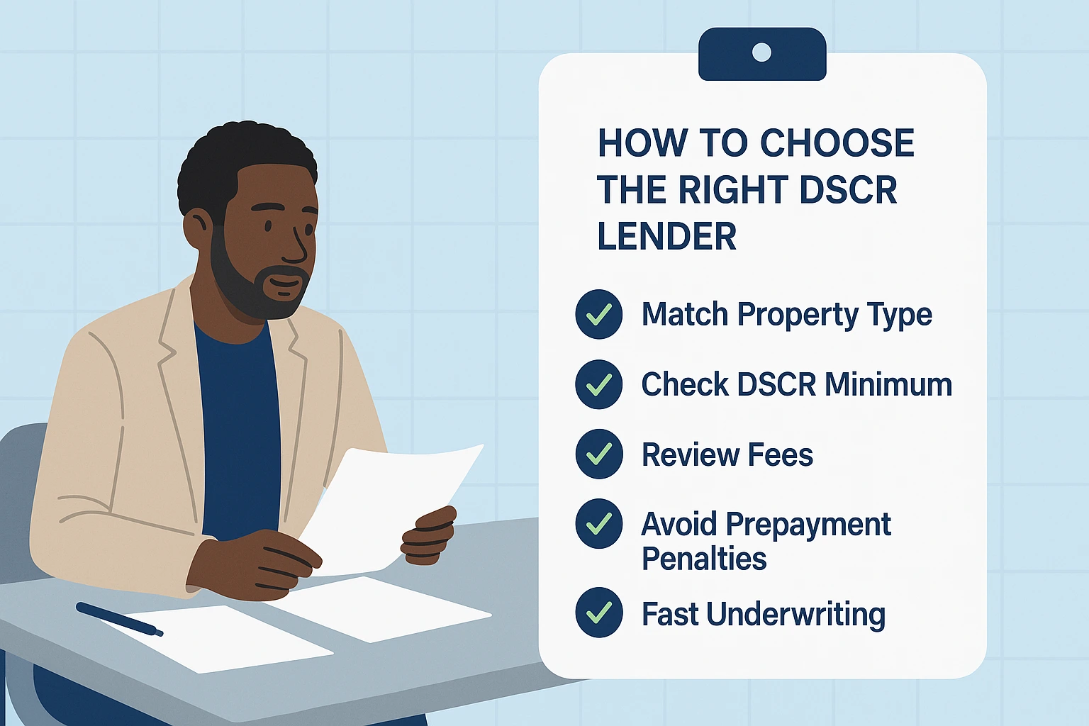Checklist evaluating DSCR lenders by property type, approval speed, and fees