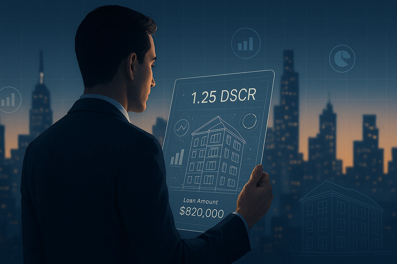 Real estate investor analyzing DSCR metrics on a digital dashboard with rental income and debt ratios