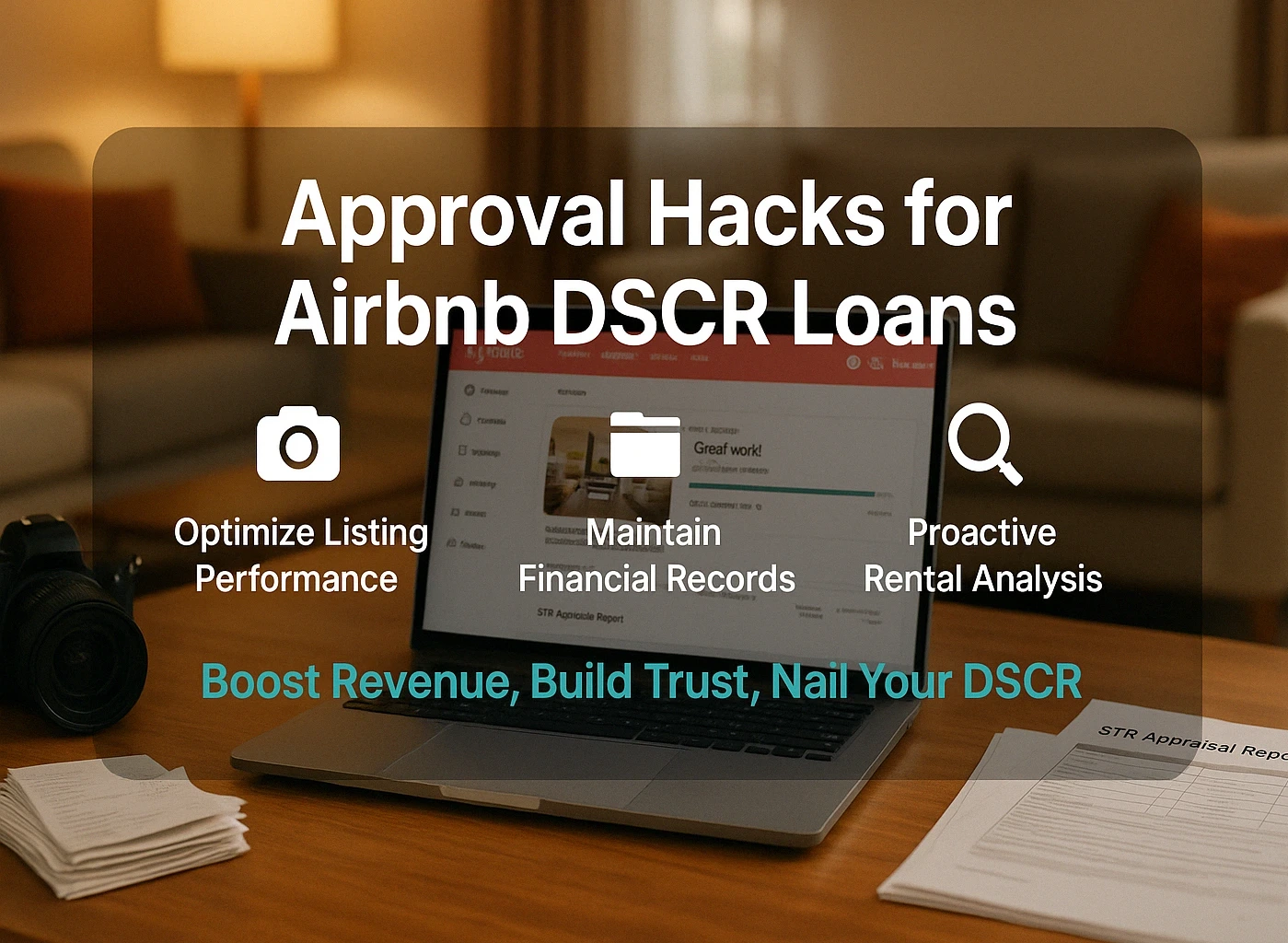 Workspace with laptop, camera, and receipts, overlaid ‘Approval Hacks for Airbnb DSCR Loans’