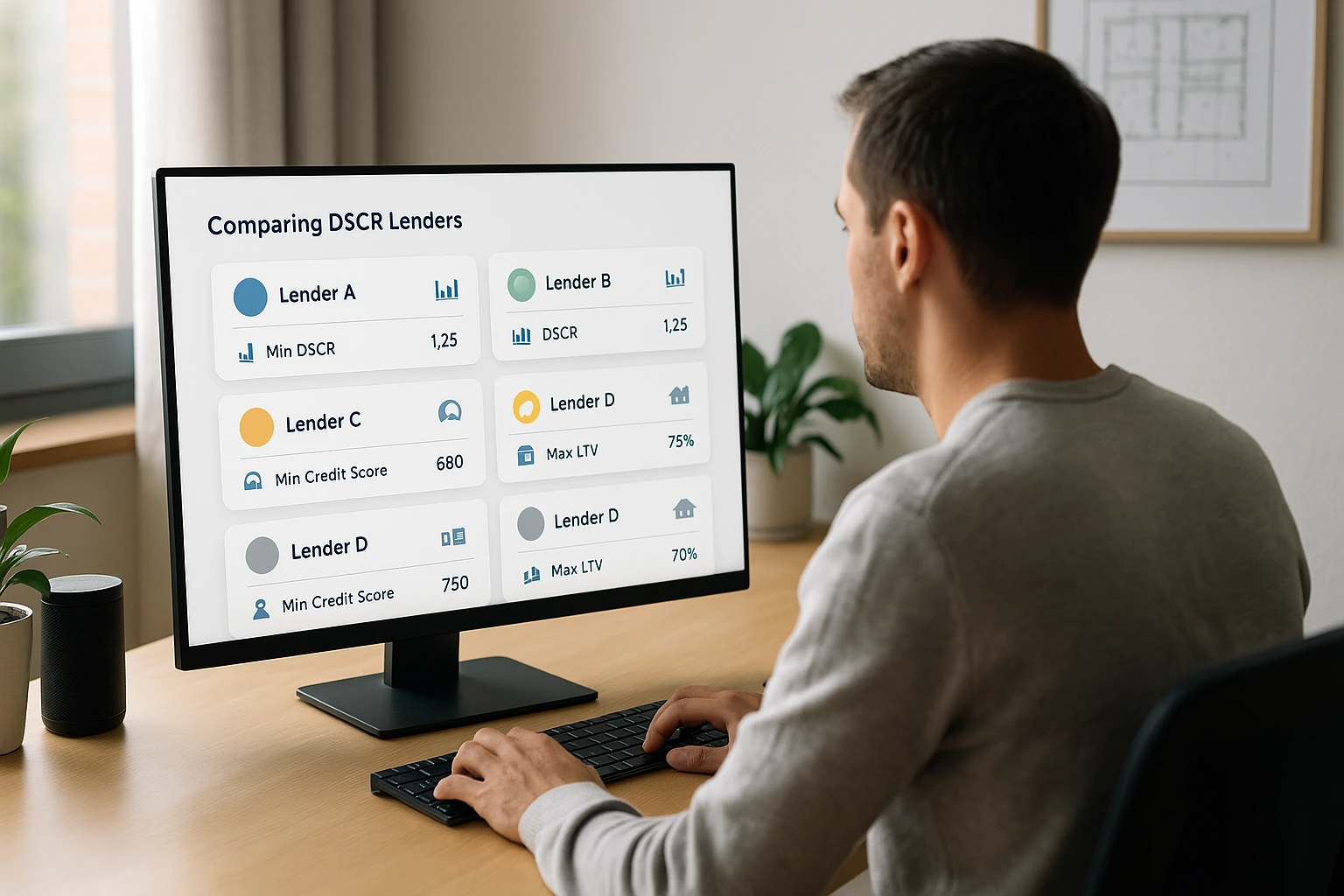 Interactive dashboard comparing lender DSCR minimums, LTV caps, and rates