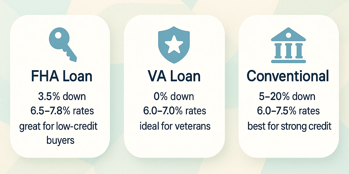 FHA, VA, and conventional options for modular home finance with down payments and rate ranges